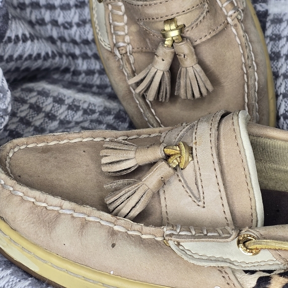 SPERRY ANGELFISH LEOPARD JACQUARD SLIP-ON BOAT SHOES TOPSIDER TAN/GOLD SIZE 8 - Picture 3 of 9